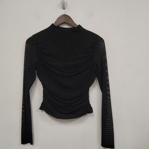 Ruched Black Mesh Long Sleeve Top Size M Whimsigoth Draped Stretch Witchy Dark
